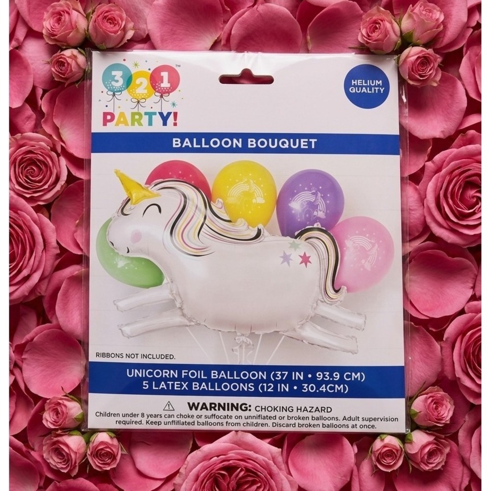 321 Party! Unicorn Balloon Bouquet 37in Foil + 5 12in Latex, Helium Quality